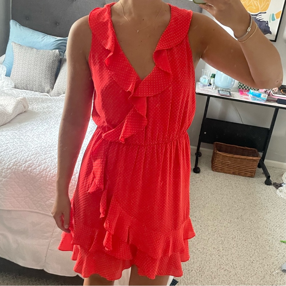 Orange/red polka dot ruffled wrap dress